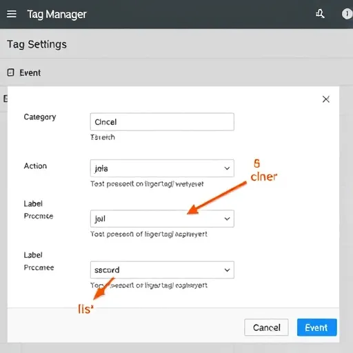 توضیحات تصویر: “تنظیم پارامترهای رویداد (دسته‌بندی، عمل، برچسب) در تنظیمات تگ گوگل تگ منیجر.”